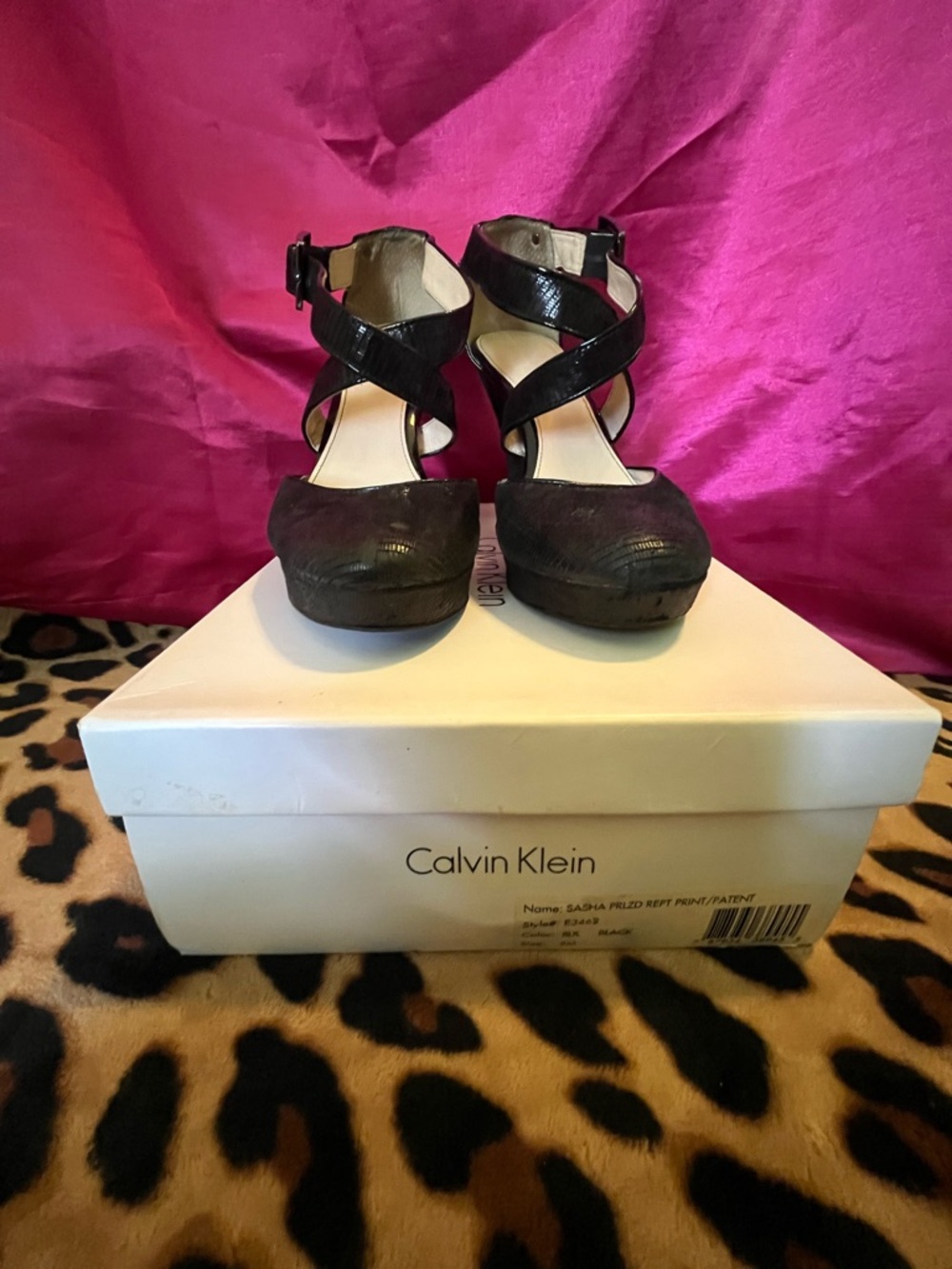 Calvin Klein Sasha Pearlized Reptile Print/ Patent Black Leather X Straps 8